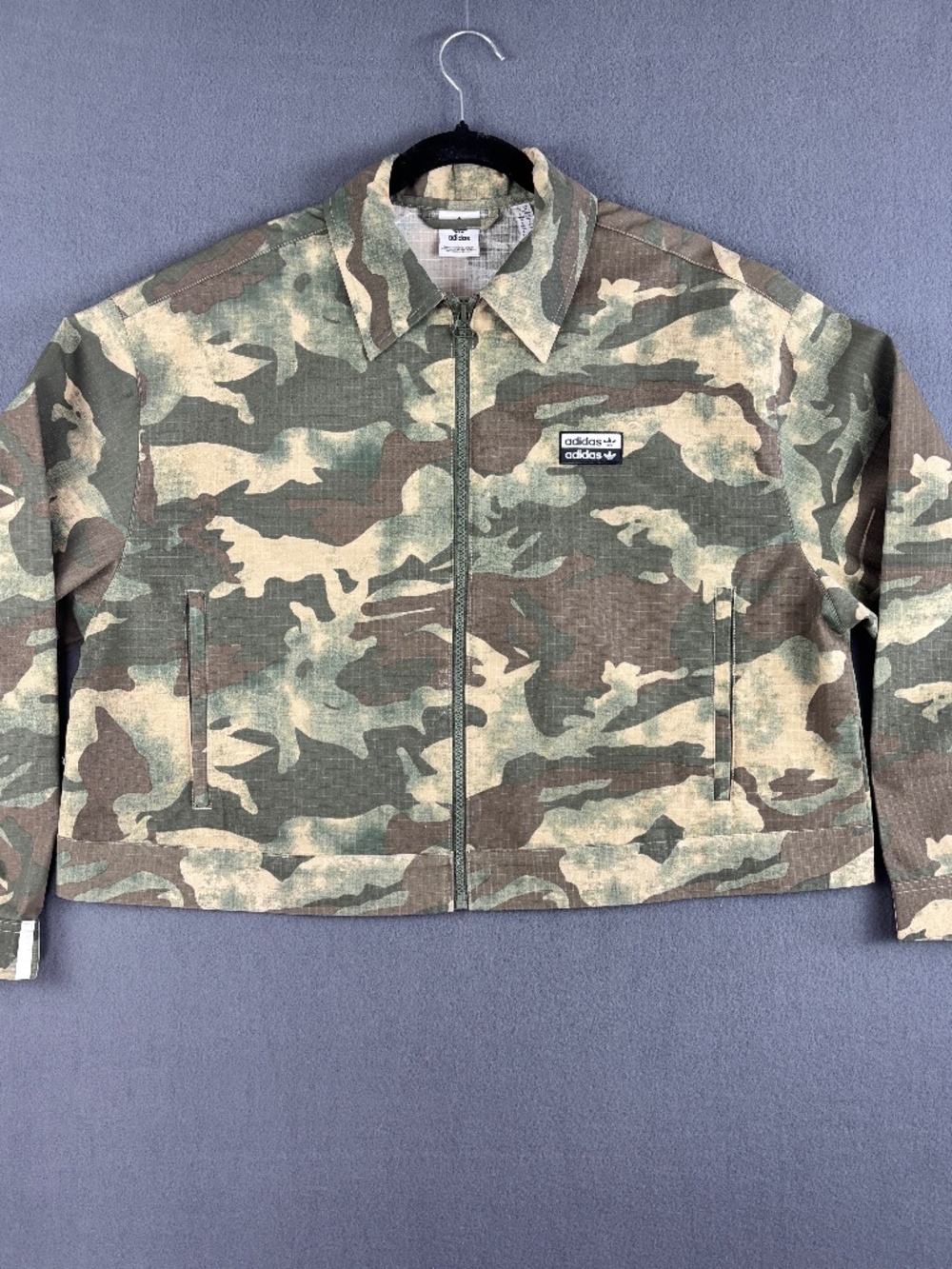 Adidas Cropped Full Zip Long Sleeve Camo Jacket Trefoil Logo Size M